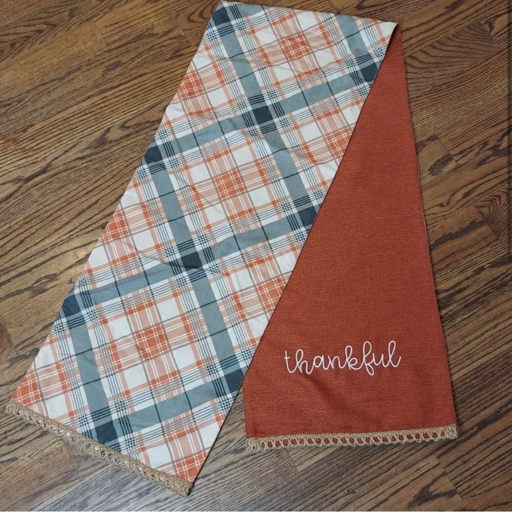 Autumn Thanksgiving Reversible Embroidered Plaid Table Runner - Picture 2 of 8